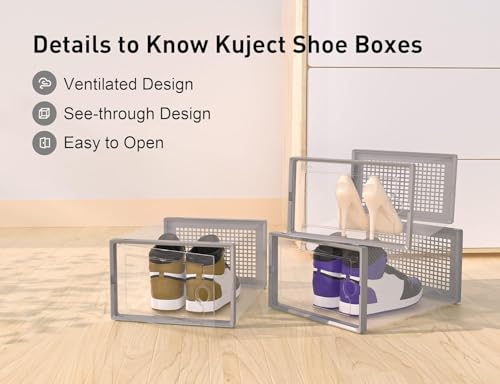 Image of Kuject X-Large Shoe Storage Boxes Organizers Clear Plastic Stackable 12 Pack, Shoe Rack & Holder Substitute, Sneaker Containers, Toy Storage Organizer Bins for Entryway, Closet, Under Bed, Grey