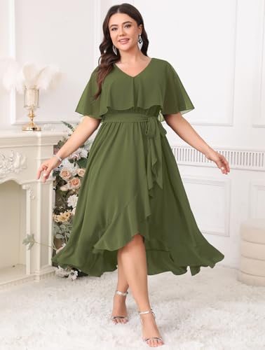Image of Women Plus Size Long Formal Dress Short Sleeve Chiffon Ruffle V Neck High Low Split Wedding Guest Maxi Dresses