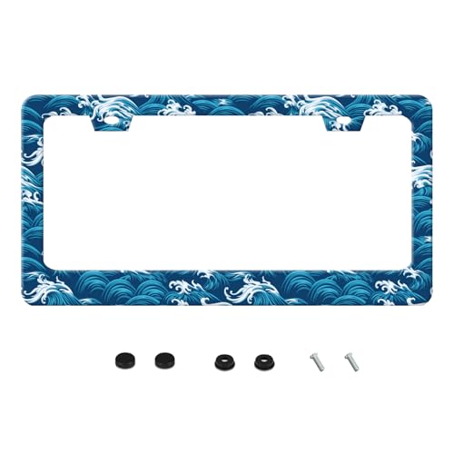 Ocean Waves License Plate Frame Funny Beach Sea Wave Stainless Steel License Plate Frames Auto Parts Decoration with Screws License Plate Holder for Men Women 12x6 Inch
