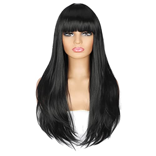 PORSMEER 32 Inch/80cm Long Black Wigs for Women,Layered Straight Synthetic Heat Resistant Hair Wig with Fringe for Ladies Cosplay Party Halloween Costume Anime - Image 3