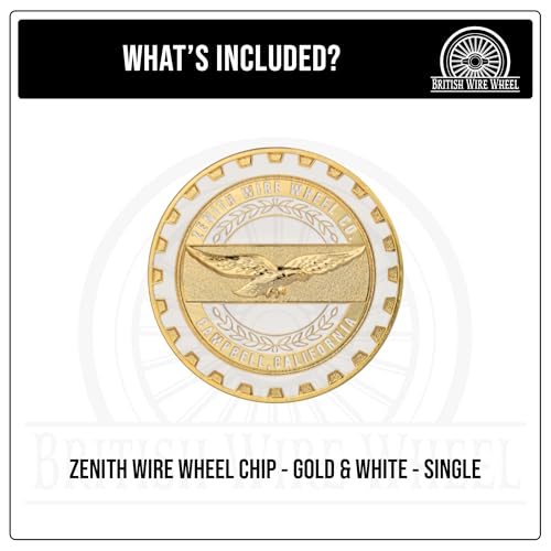 Image of Zenith Gold & White Metal Wheel Chip Emblem (Single) | 24K Triple Gold Plated Solid Metal Wheel Chip Emblem, 2.25 inch | for Lowriders with Cut or Recessed Knock Off Spinner Caps