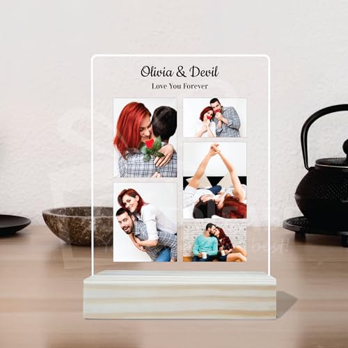 Image of Giftplease Customized Photo And Text Frame With Wooden Stand | Personalised Printed Photo Frame | Gift | Birthday | Anniversary (Transparent, 5MM, 6 * 8 Inches), Tabletop