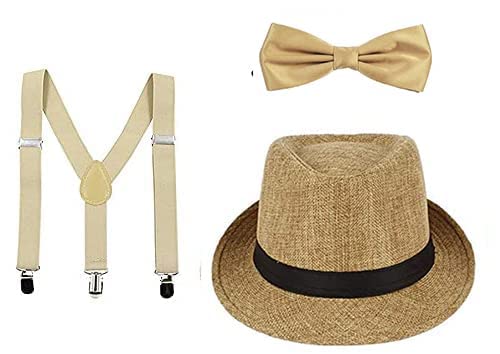 accery Men's Suspender and Bow Tie Set with Matched Hat (Beige, Free Size)-picture-31