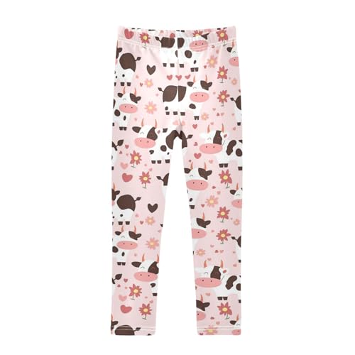 Wusikd Spotted Cow Girls' Leggings Toddler Doodles Pink Flowers Kids Yoga Pants Dance Active Tights 4T
