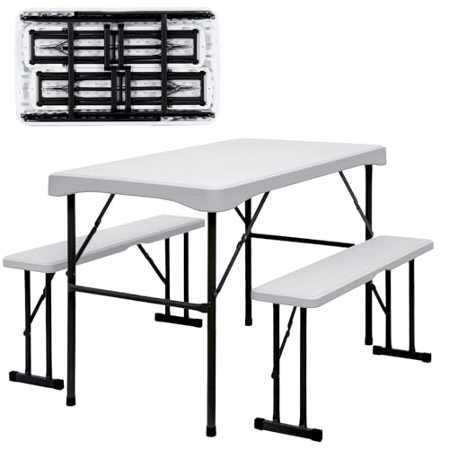 Muebles y Jardín, Tools Kingshouse | Mesa Plegable con 2 Bancos De Plástico para Jardín Exterior e Interior – Tipo Portafolio – Soporta 150 kg – Mesa de Pícnic Portátil –...