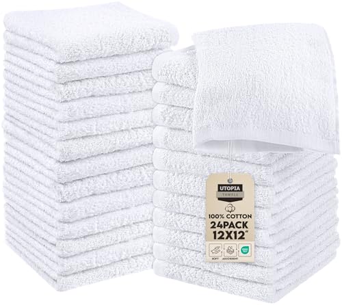 Utopia Towels - Cotton Washcloths Set - 30 x 30 cm, White - 100% Ring Spun Cotton, Premium Quality Flannel Face Cloths, Highly Absorbent and Soft Feel Fingertip Towels (24-Pack, White)