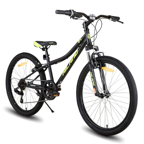 HILAND Climber Mountain bike per bambini, 24 pollici, 7 velocità, con forcella ammortizzata, freni a V, unisex, Nero