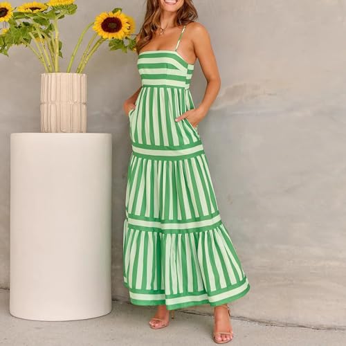 Image of Women Striped Maxi Dress Smocked Backless Spaghetti Strap Long Flowy Dress Sleeveless Boho Aline Sundress