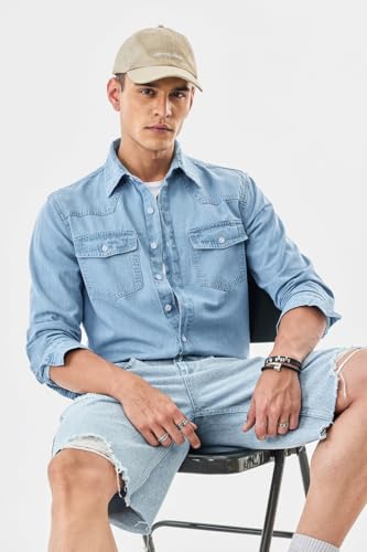Image of SNITCH Men Casual Shirt | Regular Fit Long Sleeve Spread Collar Solid Pattern | 100 Percent Cotton Fabric & Durable Denim Shirt for Men & Rugged Men's Fashion Top