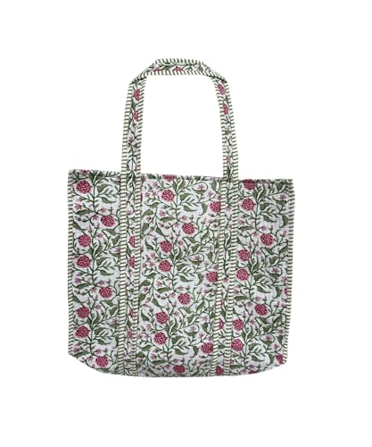 Image of Quilted Cotton Handprinted Reversible Large multicolor Floral Tote Bag,Hand Block Print Shopping Shoulder Carry Bag