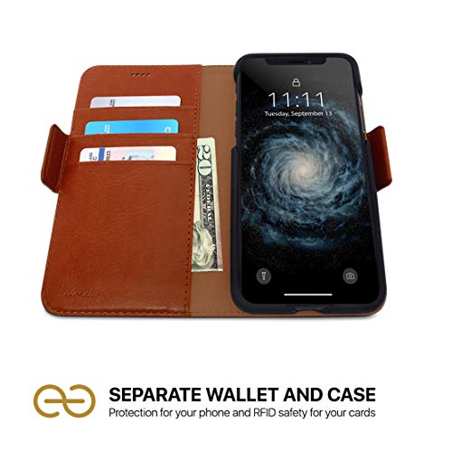 Image of dreem Fibonacci 2-in-1 Wallet Case for Apple iPhone SE 3 (2022), SE 2, & 8 /7 - Luxury Vegan Leather, Magnetic Detachable Shockproof Phone Case, RFID Card Protection, 2-Way Flip Stand - Caramel