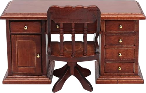 1/12 Scale Wooden Dollhouse Desk and Chair Set, Miniature Office Furniture, Computer Table Accessory, Retro Writing Simulation Doll House Accessories...