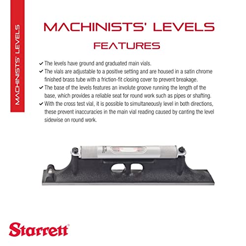 Image of Starrett Machinists' Level with Ground and Graduated Main Vial - Ideal for Machine Shop and Tool Room Use - 12 inch Length, Cross Test Vial, With Wood Case - 98Z-12
