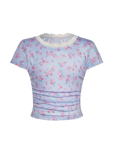 Image of RoseSeek Girl's Ditsy Floral Print Lace T Shirt Short Sleeve Ribbed Ruched Cute Tee Shirts Summer Tops