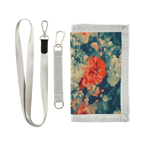 Orange Floral Blaze Durable Nylon Fabric Wallet for Boys and Girls - Multi-Functional with 2 Clear Pockets, Zipper Coin Compartment, 3 Card Slots & Keyring