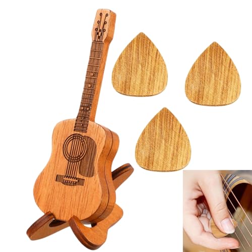 JFangZHZH Mini Guitare Décorative en Bois,Figurine Guitare Miniature pour Étager,Bureau ou Collection, pour Guitariste et Fan de Musique,avec 3 Plectres de...