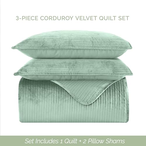 Elegant Comfort Luxury 3-Piece Velvet Corduroy Stripe Quilt Set, Ultra Soft Bedspread - Cozy Velvet Coverlet Set - 3PC Medium Weight Quilted Set with Matching Pillow Shams, King, Smoke Green