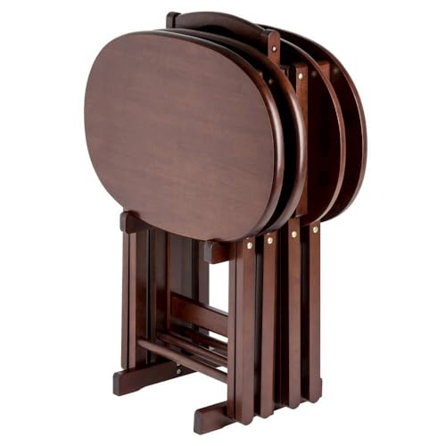 Furnifact Solid Wood Brown 5 Piece TV Trays Set Includes 4 Small Folding Tables with Oval Tops and Storage Stand Ideal TV Tables for Eating Or Dinner Tray Table