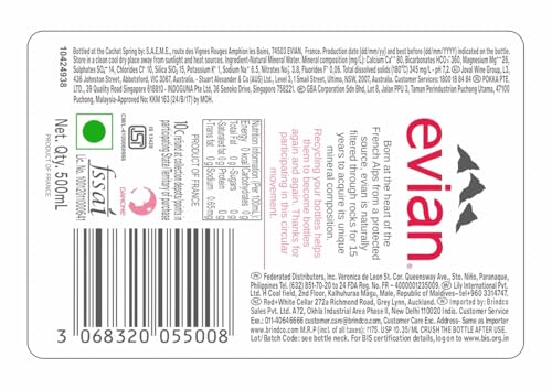 Image of Evian Natural Spring Mineral Rich Water Bottle, 24 X 500 ml