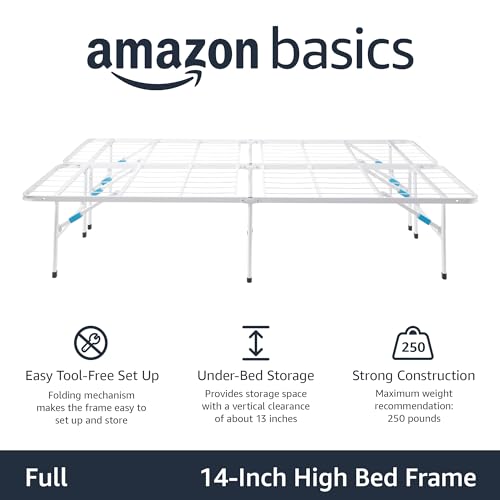 Image of Amazon Basics Platform Bed Frame Full, Foldable Metal, Tool-Free Setup, 14 Inches High, White