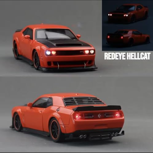 Image of Die-Cast Car Model 1:32 Scale Challenger SRT| Alloy Metal Car with Openable Doors, Hood & Trunk | LED Headlight & Taillight with Sound | Pull Back Toy for Kids & Collectors (Orange)