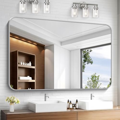 Image of KOCUUY Silver Bathroom Mirror, 55x36 Inch Large Bathroom Mirror for Over Sink, HD Tempered Glass, Anti-Rust Brushed Silver Frame, Rounded Corner Modern Design for Bathroom, Hang Horizontal /Vertical