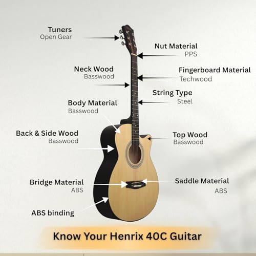 Image of Henrix 40C 40 Inches Basswood Cutaway Acoustic Guitar with Dual Action Truss Rod, Gigbag, Picks, String Set, Strap, Cloth & Ebook- Natural