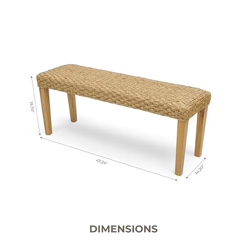 Image of Outdoor Backless Bench, All-Weather Wicker & Solid Acacia Wood, Premium Garden Bench with Woven Rattan Seat and Thick Outdoor Cushion for Patio, Porch, Living Room or Entryway (Natural, PE Wicker)