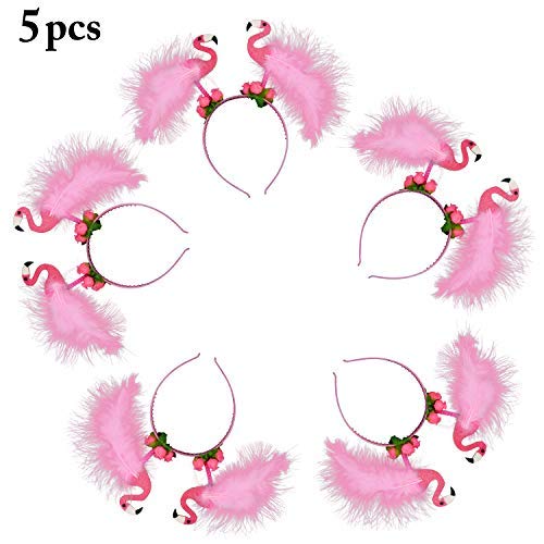 FunPa Flamingo Headbands, 5PCS Party Head Bopper Pink Flower Hair Hoop Cute Hair Band for Kids Girls Women Birthday Wedding Easter Summer Beach Hawaii Party