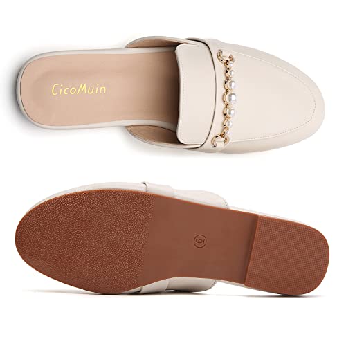 Cicomuin Metal Chain Pearl Decor Mules For Women Closed Round Toe Flats Slip On Backless Loafers Womens Slides Shoes #TOP3