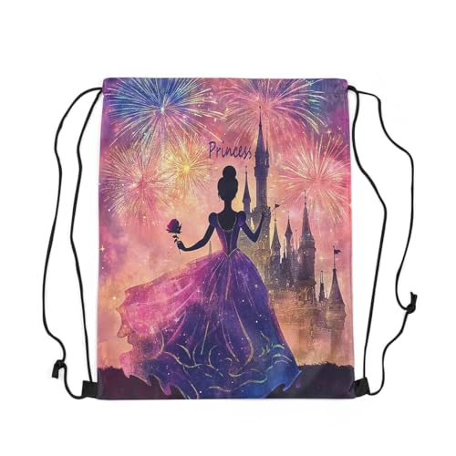 Image of jejeloiu Princess Drawstring Backpack 13x15.7inch Castle Print Waterproof Gym Drawstring Bags Romantic Sports String Backpack Beach Swim Travel Bag Sackpack