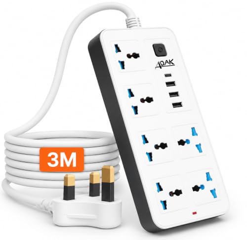 Universal 6-Outlet 3M Power Strip Extension Cord with 3 USB Ports & Type-C Fast Charging Surge Protected 6 Way Socket with 3M Cable Power Extension Cable USB Hub with 13A Fused Plug (assorted)