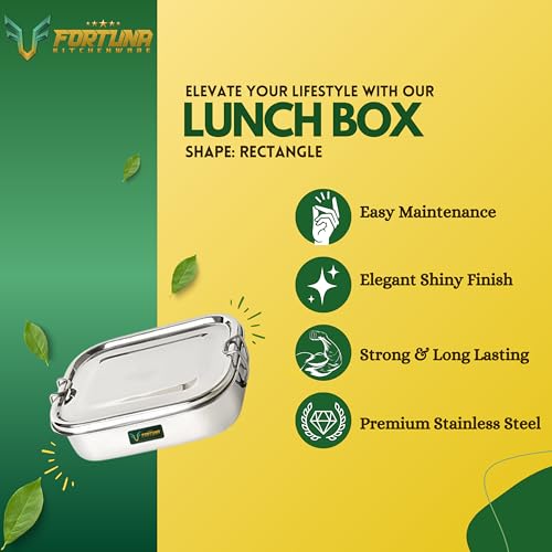 Image of Stainless Steel Lunch Box Rectangle - 450ml | Compartment Traditional Tiffin Box with Seperator Plate | Easy to Carry, Locking Clip | Ideal for School, Office, Men, Women (Small)