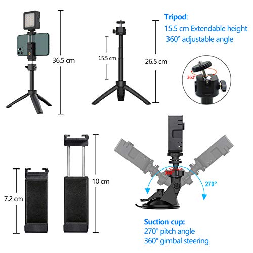 KU XIU Professional Smartphone Video Light Kit for Video Conference Recording YouTube Vlog, with Mini Tripod, Smartphone Holder, Extension Pole, Suction Cup, Adjustable Color Temperature & Brightness
