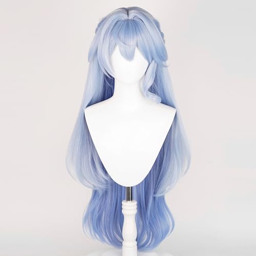 Image of Anime Blue Wigs with Bangs Women Long Wave Wig with Braid and Bun Robin-Bird Style Cosplay wig Halloween,Christmas,Comic con,Game Show,Carnival