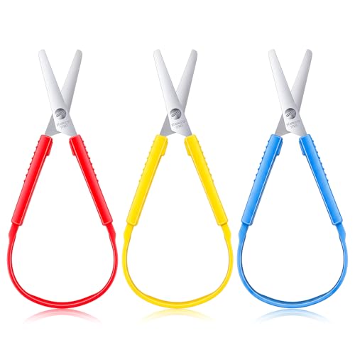 LIQWEI - LIQWEI Lot de 3 paires de ciseaux à boucles avec poignée - Ciseaux de sécurité à ouverture automatique - Poignée colorée - 14 cm - Pour l'école, le bricolage quotidien, le papier, les travaux de