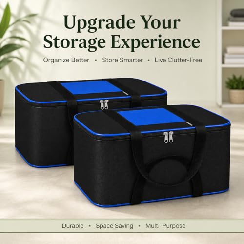 Image of DALUCI Underbed Storage Bags for Clothes Pack of 2 Large Moisture Proof Organizer with Zipper Non Woven Foldable Storage Bag for Blanket Saree Wardrobe 54 x 46 x 28 cm (Black & Blue - Large, 2 Pack)