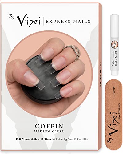 120-uds SET DE UÑAS MEDIANO ATAÚD/BAILARINA. LIMA DE PREPARACIÓN Y PEGAMENTO GRATIS, 12 tamaños - de uñas postizas exprés de cobertura total Clara para profesionales de salón y uso doméstico - By Vixi Cover