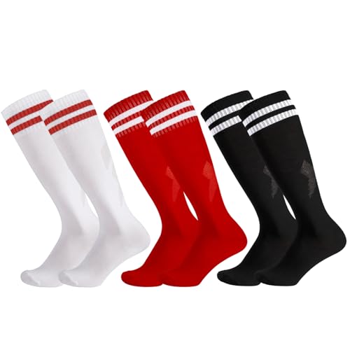 Invalidism 3 Pairs Kids Football Socks, Childrens Football Socks Kids Breathable Soccer Sock Long Football Socks for Sporting Running Training Socks for Children Aged 5-12(White+Black+Red)