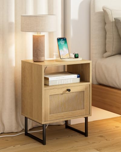 Image of Rattan Nightstand with Charging Station, Boho Night Stand Farmhouse Wood Bedside Table with Storage and Open Shelf, End Side Accent Table for Bedroom,Living Room,Oak