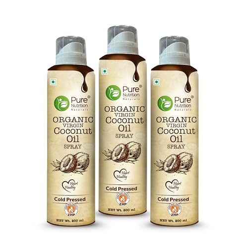 Image of Pure Nutrition Organic Extra Virgin Coconut Oil Spray - 600ml (200ml X 3) | 100% Pure, Edible & Cold Pressed | Ideal for Cooking, Baking & Salad Dressing | Non-GMO, Zero Cholesterol | Easy-to-Use Spray for Skin & Hair Care