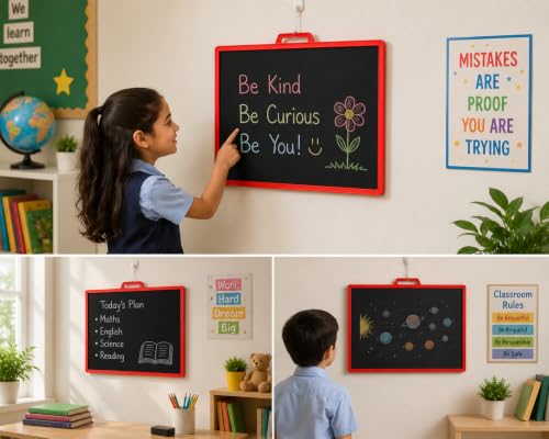 Image of YAJNAS Double Sided Blackboard Slate 12 x 10 Inch | Kids Writing Slate | Reusable Chalkboard | Pre-Writing Learning Toy | Colourful Frame