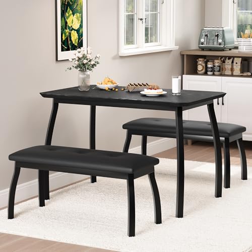 GAOMON Dining Table Set for 4, Metal Frame Kitchen Table Set with 2 Upholstered Bench, 3 Piece Dining Room Table Furniture for Apartment, Studio, Home, Easy Assembly, Black