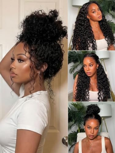Beauty Forever Water Wave 13x6 HD Lace Front Wig Human Hair,Pre Plucked Pre Cut Lace Frontal Glueless Wig,Bye Bye Knots Wear and Go Drawstring Wig for Women 180% Density Natural Black 18inch