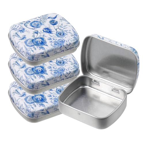 Mewutal Pacote com 4 caixas de lata retangulares vazias articuladas com tampa de dobradiça rosa azul pequeno estojo de armazenamento mini recipientes