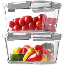 HOMBERKING 4 Pieces 63oz/8cup Large Glass Food Storage Containers with Lids, Meal Prep Containers, Airtight Bento Boxes with Leak Proof Locking 2 Containers 2 Lids, Microwave,Oven,Fridge Safe-Grey