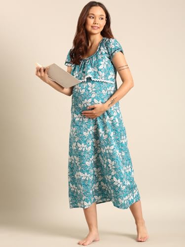 Image of Rupa Jon Aishwarya Women Full Length Maternity Night Dress in Cotton Blend Fabric, Maxi Nighty, Pregnancy Night Dress for Nursing, Pre and Post Pregnancy