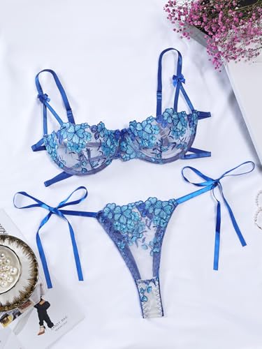Image of Lilosy Sexy Tie Side Cute Underwire Push Up Strappy Embroidered Mesh Sheer Lingerie Set