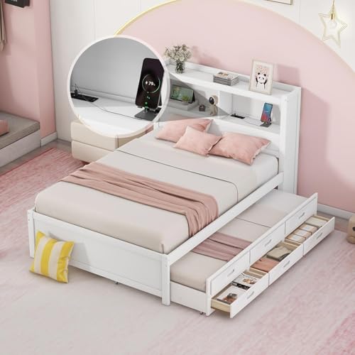 Harper & Bright Designs Full Size Bed with Bookcase Headboard, Wooden Full Size Platform Bed with Trundle and Storage Drawers,Full Storage Bed with USB Ports Outlets for Kids Girls Boys, White
