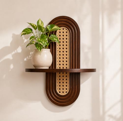 Estantería de Pared con Ratán Trenzado y Madera, Estilo Boho, 23x41 cm, Decorativa para Plantas, Regalo para Mamá o Abuela (Oscuro)